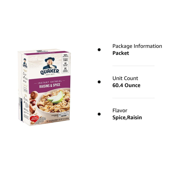 Quaker Instant Oatmeal Raisin& Spice, 10-Count 1.51Oz Packets (Pack of 4) by Quaker Oatmeal [Foods]