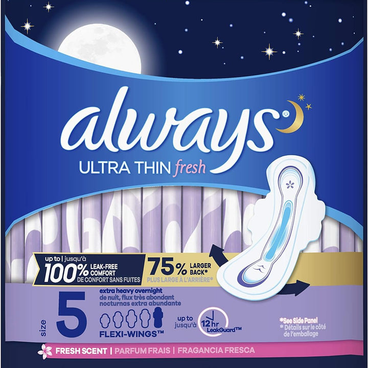 Ultra Thin Feminine Pads with Wings for Women, Size 5, 60 Count, Extra Heavy Overnight Absorbency, Scented, 20 Count (Pack of 3)