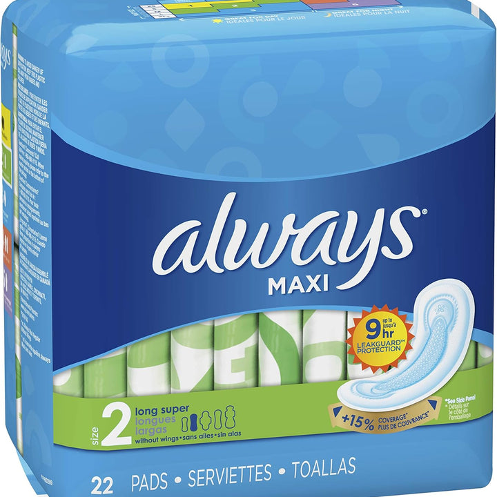 Maxi Feminine Pads without Wings, Long/Super, Unscented, 22 Count